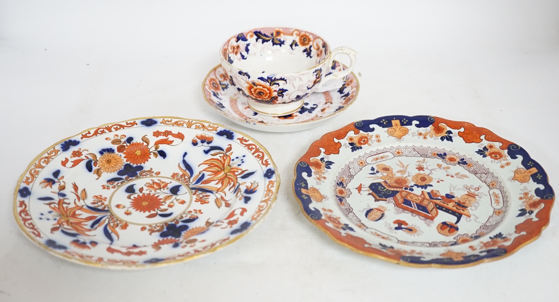 Thirty ironstone Imari pattern plates and a bone china cup and saucer. Condition - fair